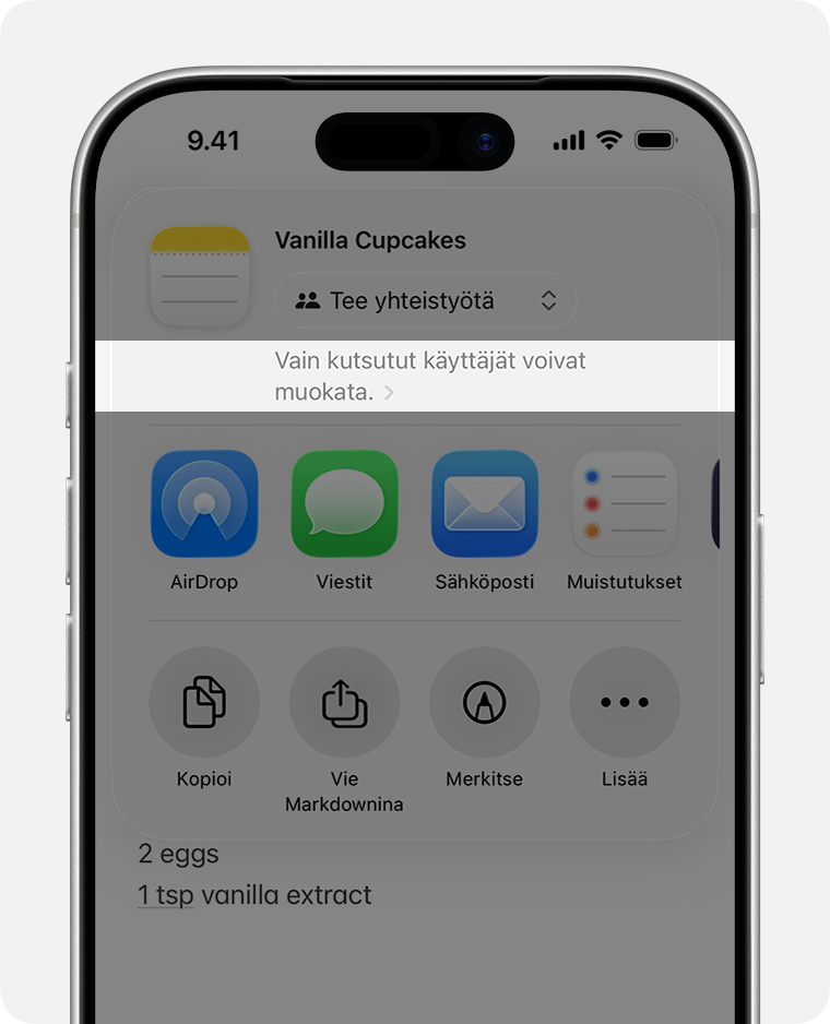 Vain kutsutut käyttäjät voivat muokata näkyy sivun ylälaidassa Tee yhteistyötä- tai Lähetä kopio -valinnan alapuolella.