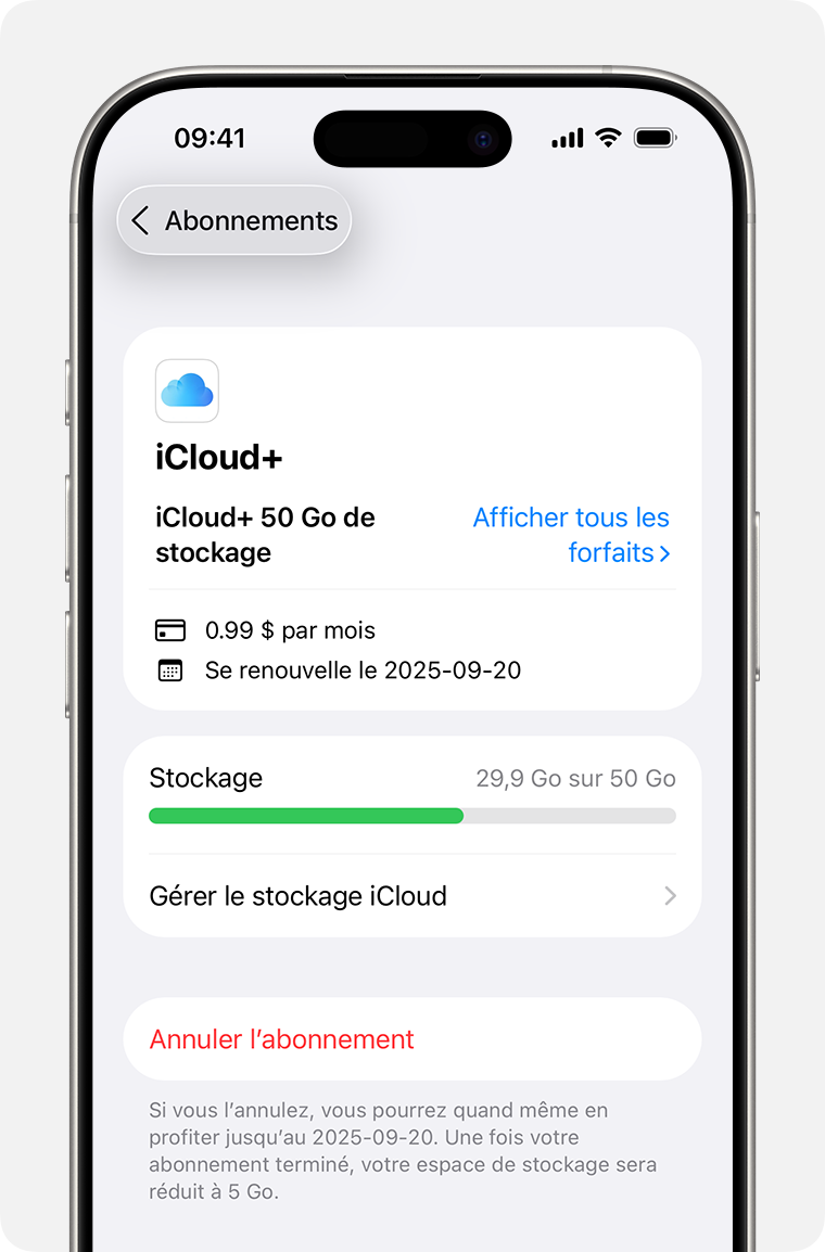 Écran d’iPhone montrant les différents forfaits parmi lesquels choisir.