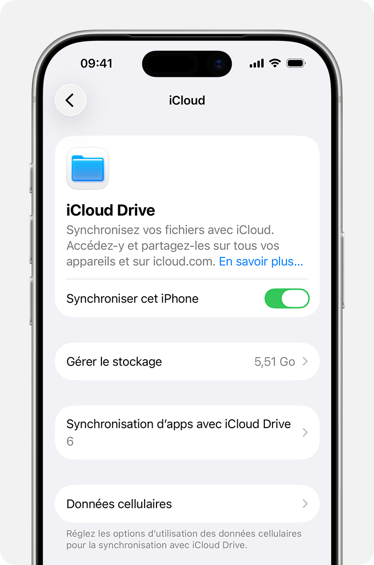 Un écran iPhone affichant les réglages d’iCloud Drive. Synchroniser cet iPhone est un bouton d’activation et de désactivation situé sous la description d’iCloud Drive.