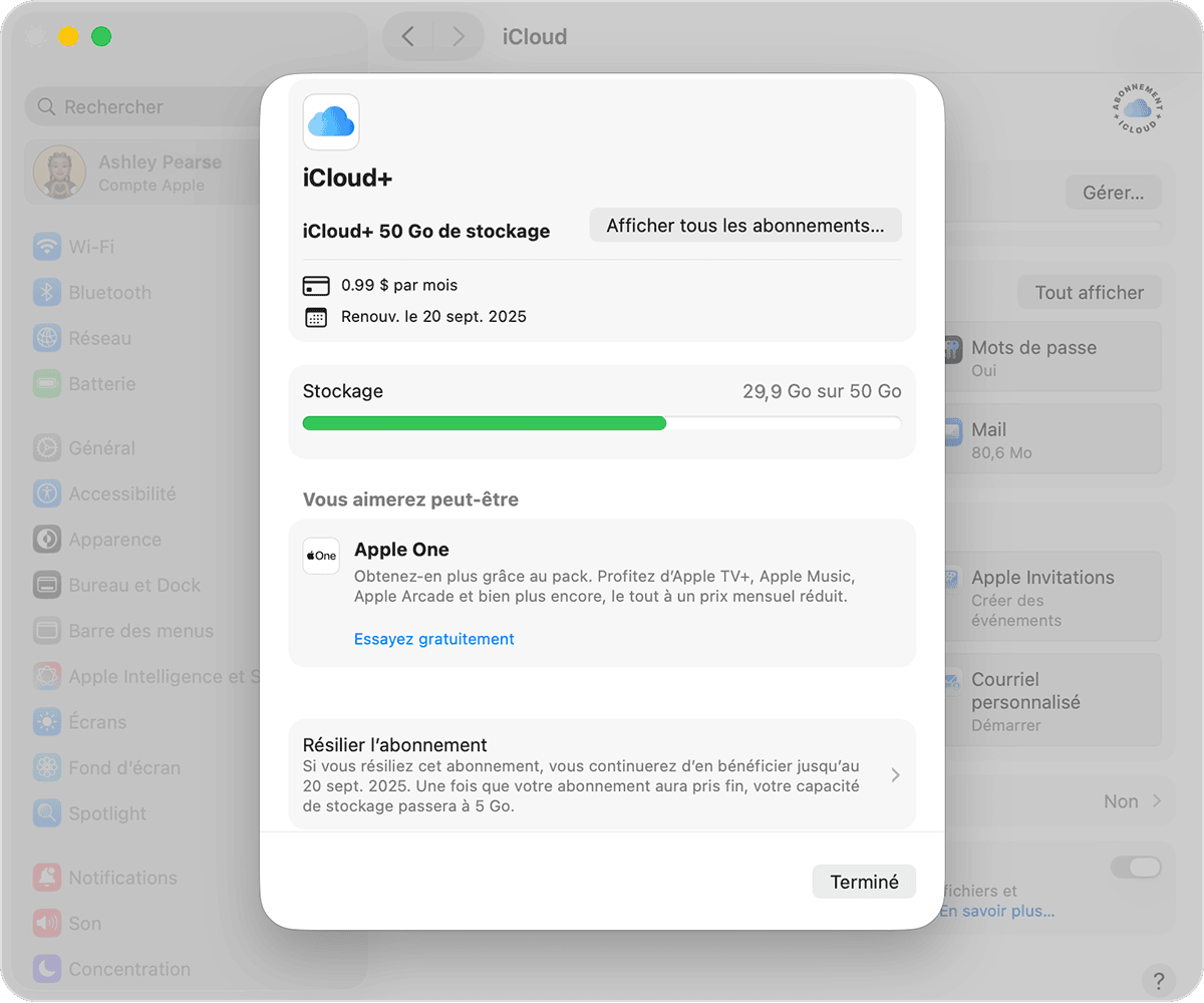 Écran de macOS affichant le bouton Afficher tous les forfaits.