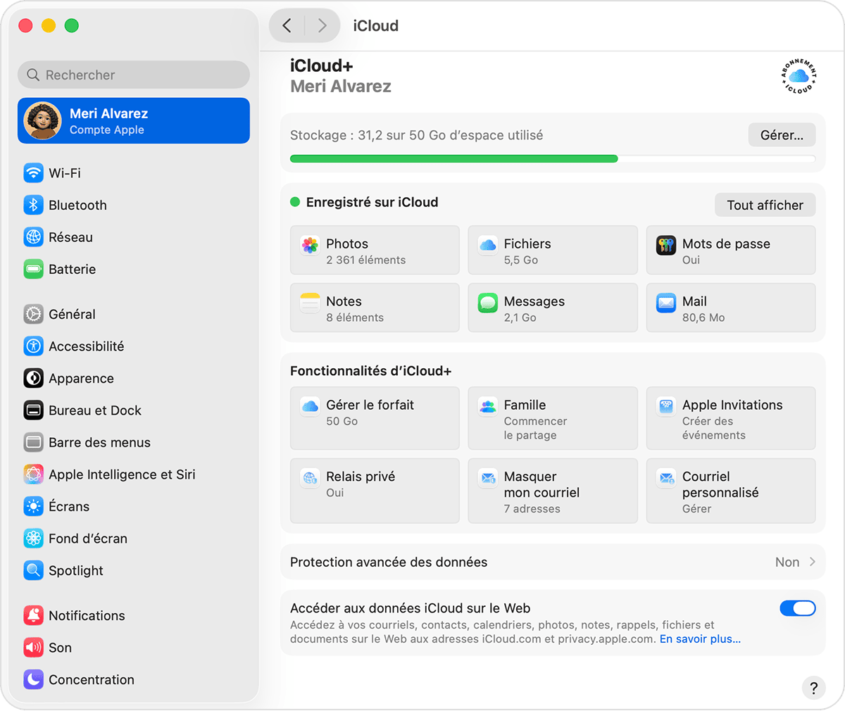 Dans vos réglages iCloud sur Mac, le stockage utilisé est situé en haut du menu. L’option suivante est Enregistré sur iCloud, où vous pouvez sélectionner Photos, Drive, Mots de passe et d’autres apps qui enregistrent des données dans iCloud.