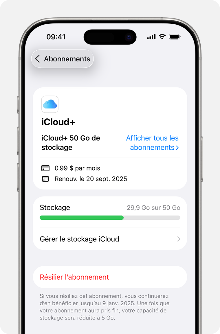 Écran d’iPhone affichant les options d’abonnement disponibles.