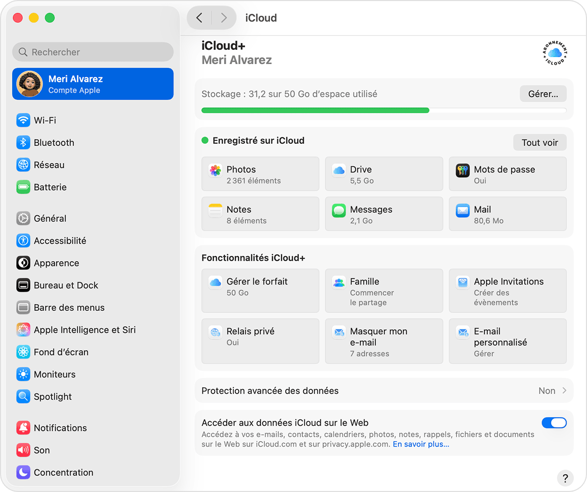 Dans vos réglages iCloud sur un Mac, l’espace de stockage utilisé apparaît en haut du menu. En dessous se trouve l’option Enregistré sur iCloud, où vous pouvez sélectionner Photos, Drive, Mots de passe et d’autres apps qui enregistrent des données dans iCloud.