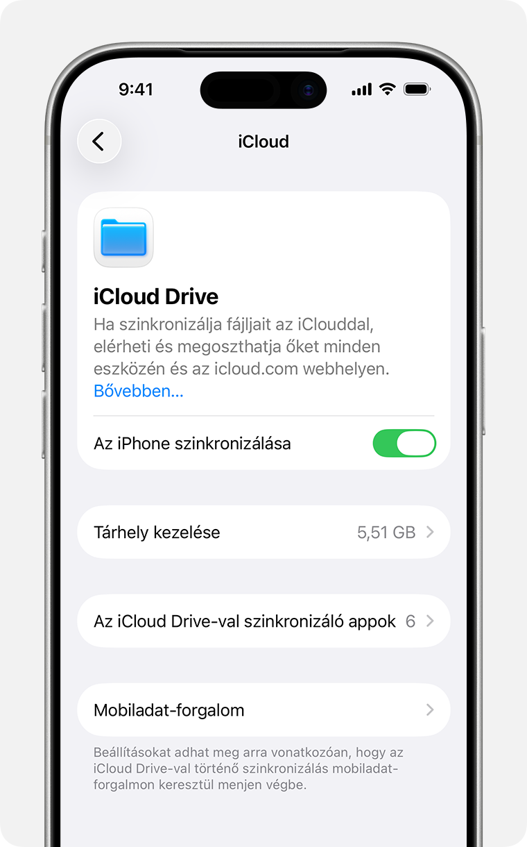Egy iPhone képernyője, amelyen az iCloud Drive beállításai láthatók. Az iPhone szinkronizálása egy váltógomb az iCloud Drive leírása alatt.