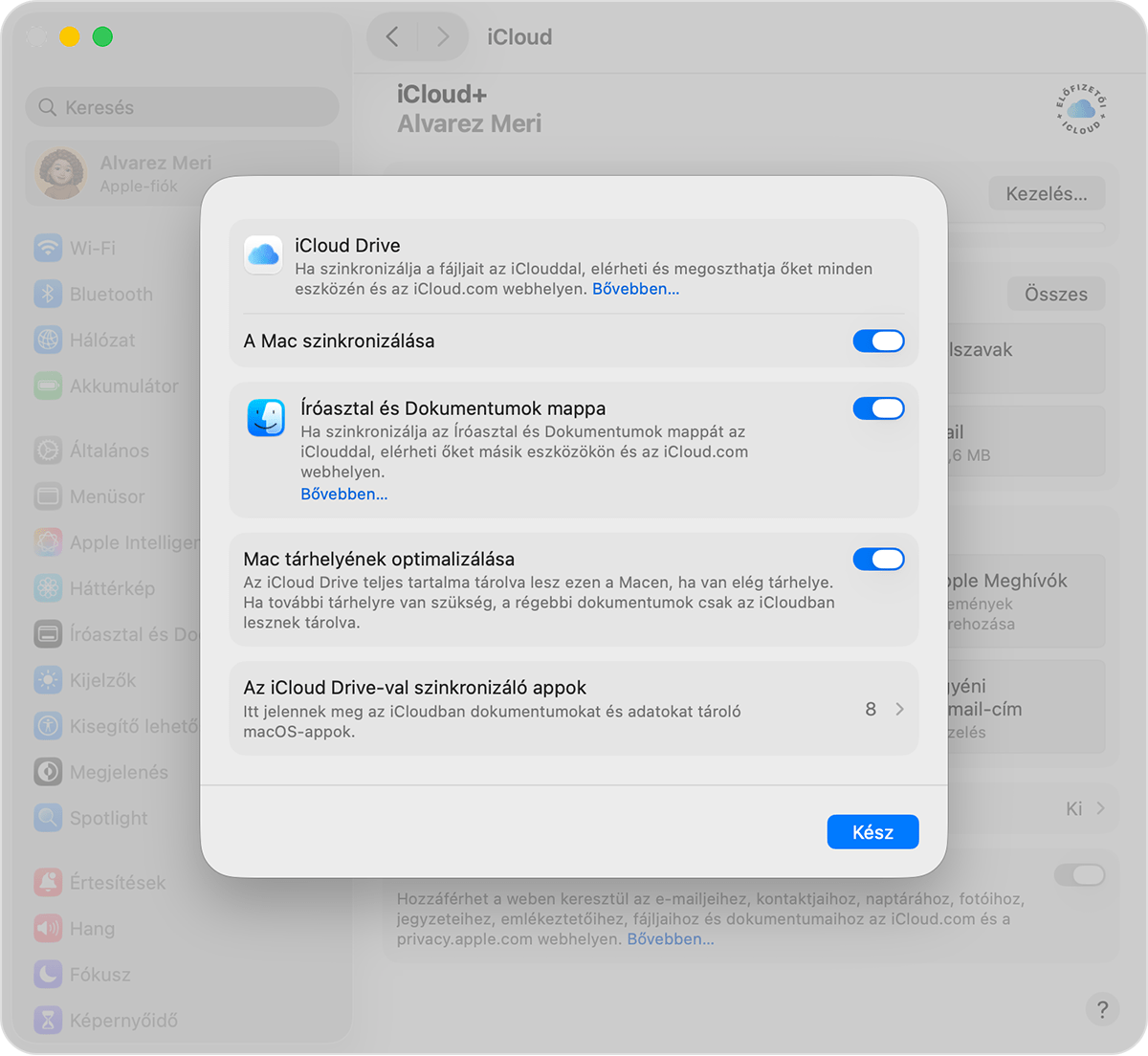 Egy macOS képernyője, amelyen az iCloud Drive beállításai láthatók. A Mac szinkronizálása egy váltógomb az iCloud Drive leírása alatt.