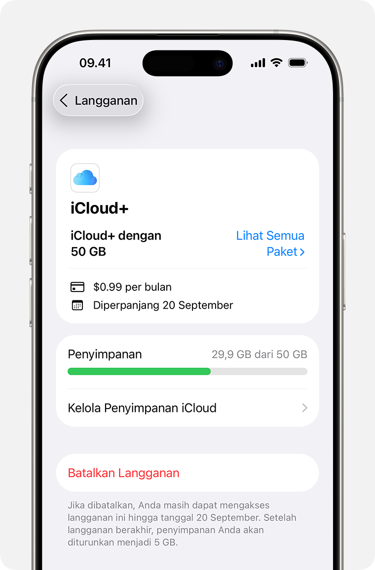 Layar iPhone menampilkan opsi Langganan yang dapat dipilih.