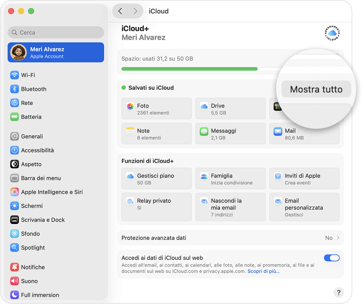 Schermata di macOS che mostra la schermata principale delle impostazioni di iCloud+