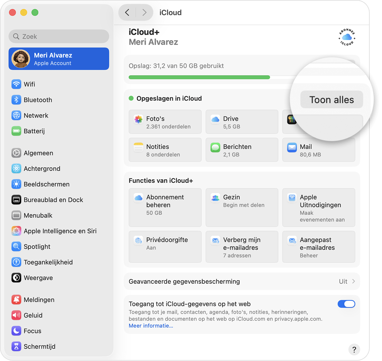 macOS-scherm met het hoofdscherm met iCloud+-instellingen.