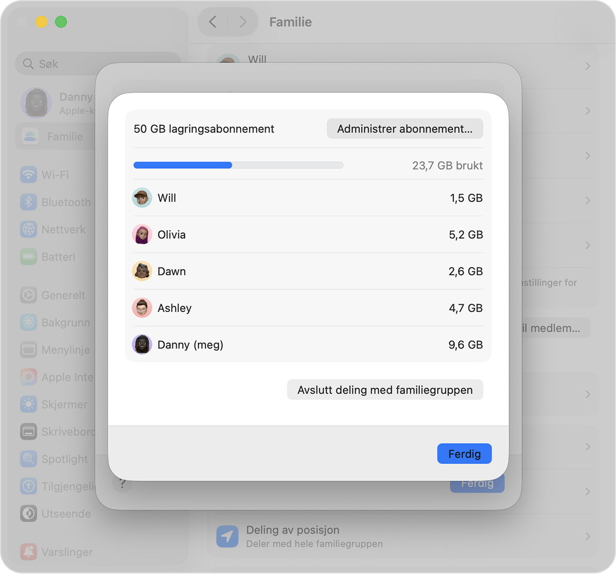 Mac-skjerm som viser fremgangsmåten for å kontrollere og administrere iCloud+-abonnementet.