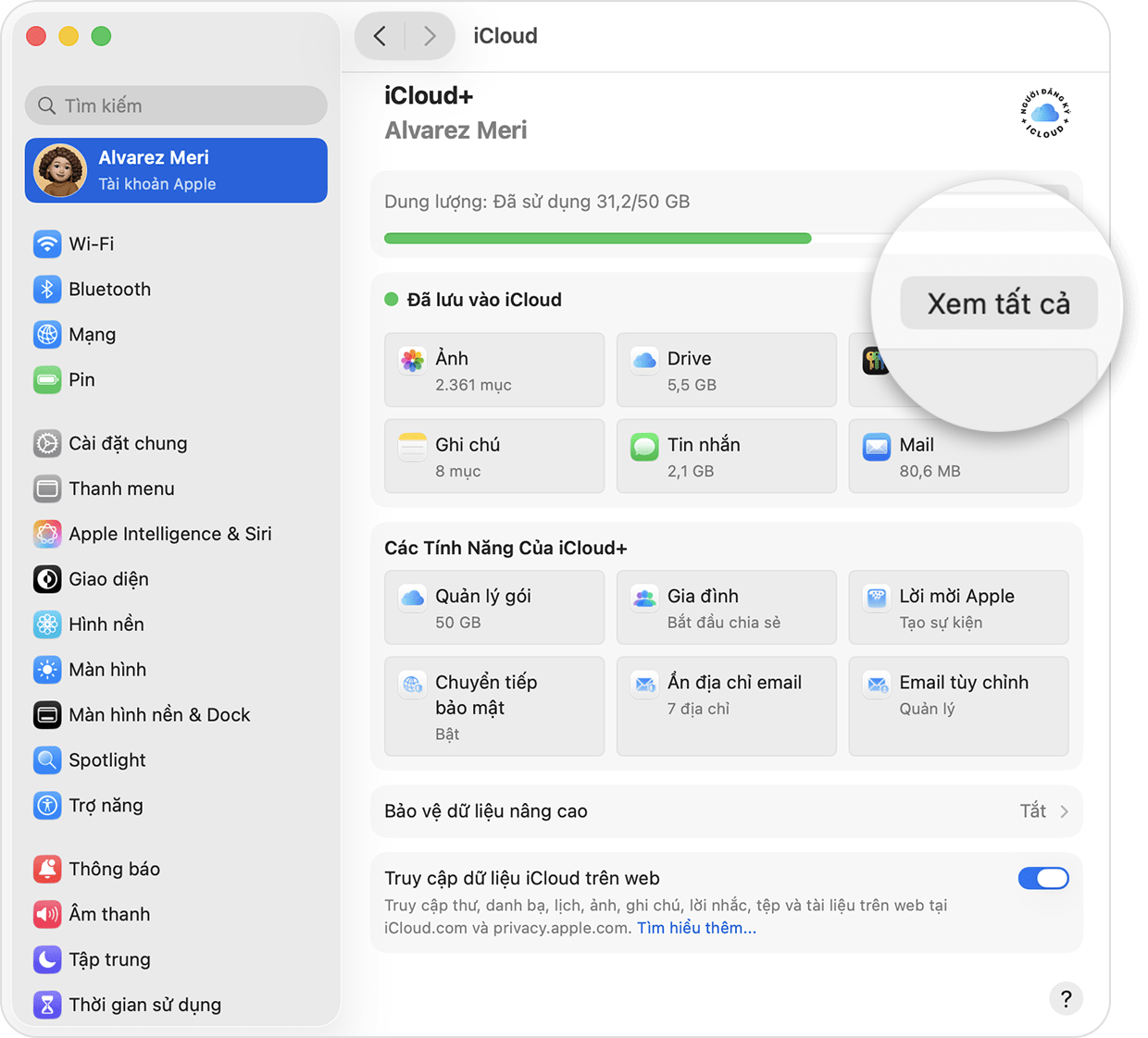 Màn hình macOS hiển thị màn hình cài đặt iCloud+ chính.