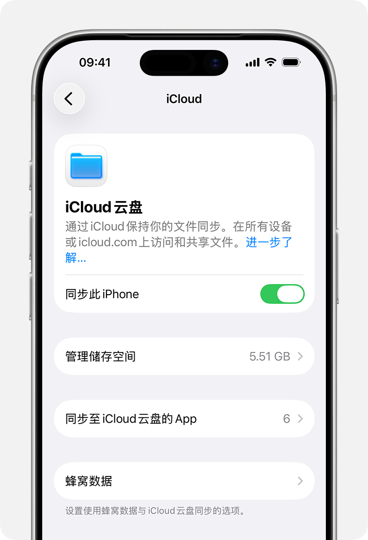 iPhone 屏幕上显示了“iCloud 云盘”设置。“同步此 iPhone”是“iCloud 云盘”描述下方的一个开关。