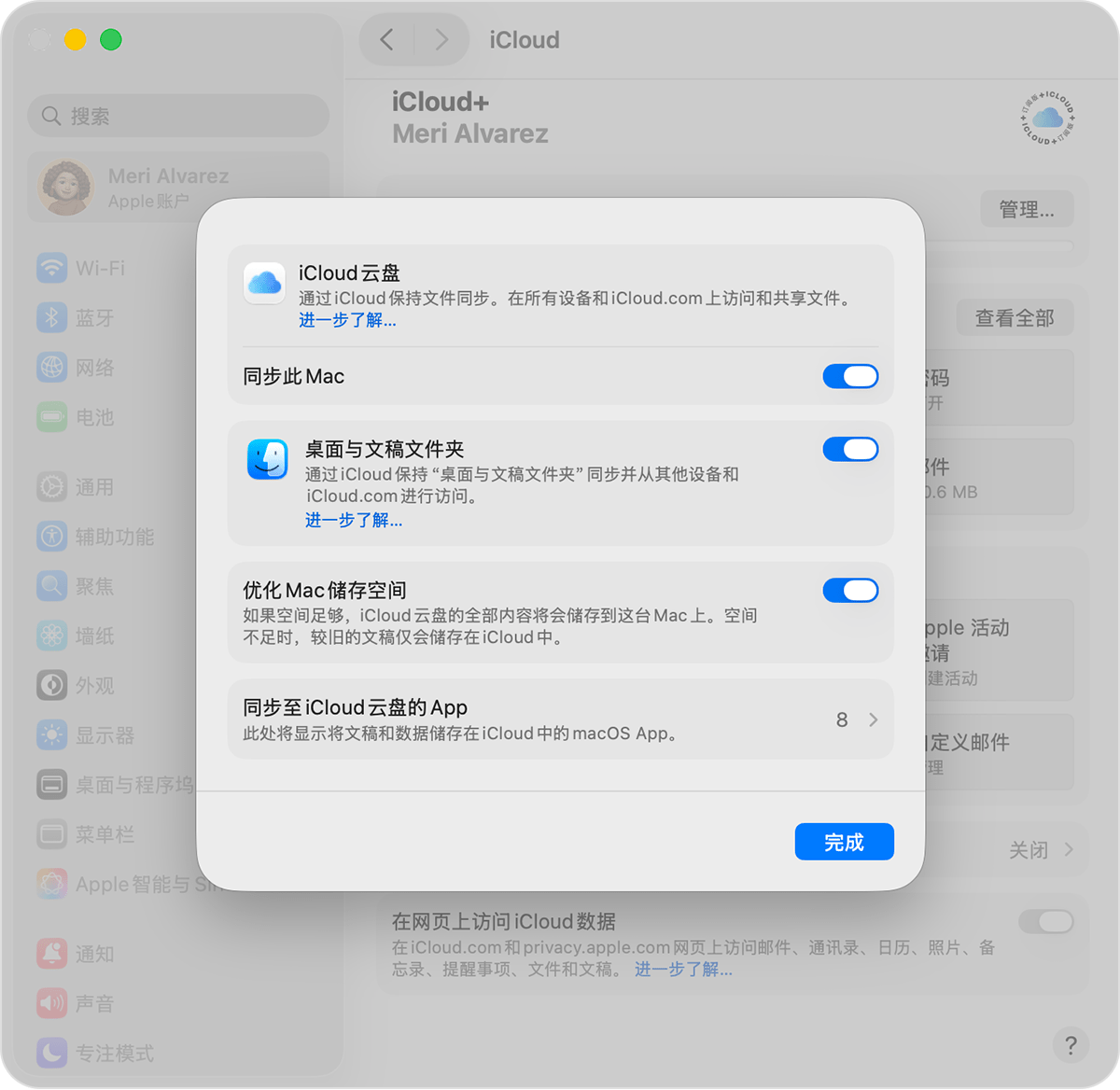 macOS 屏幕上显示了“iCloud 云盘”设置。“同步此 Mac”是“iCloud 云盘”描述下方的一个开关。