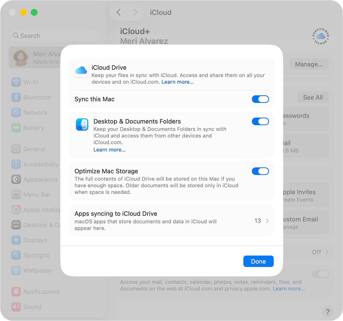 A macOS screen showing iCloud Drive settings. Sync this Mac is a toggle below the description of iCloud Drive.