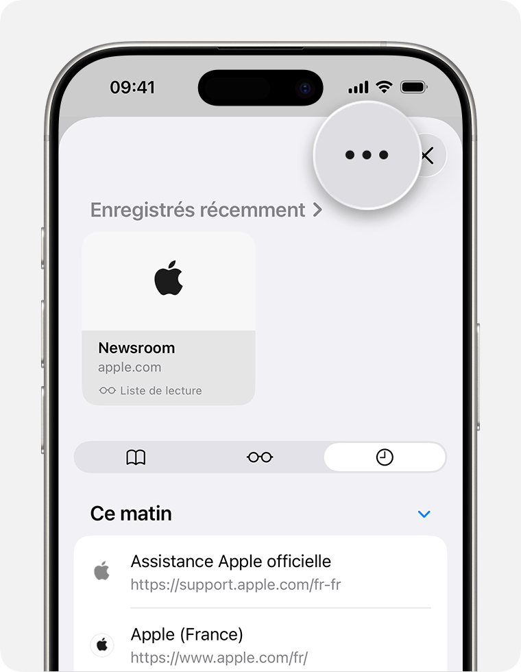 Écran d’iPhone affichant le bouton Plus agrandi dans Safari.