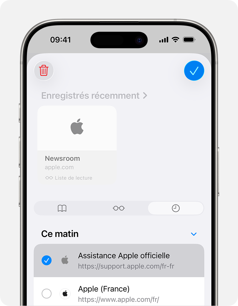 Écran d’iPhone affichant l’onglet Historique sélectionné avec un site web sélectionné pour être supprimé.