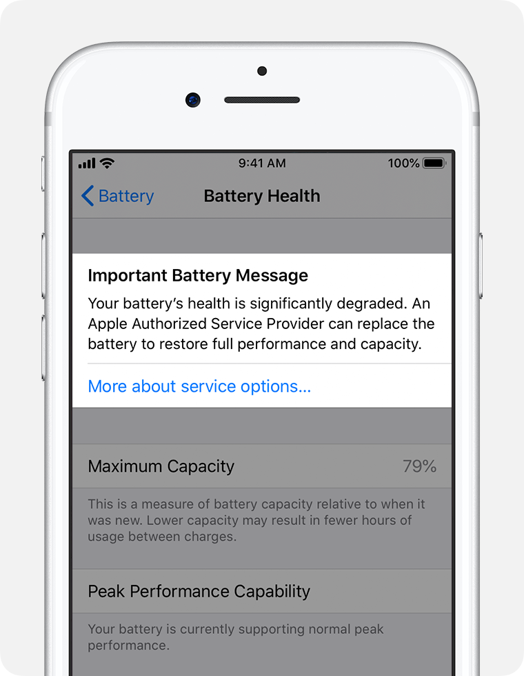 The Battery Health screen, with Important Battery Message highlighted.