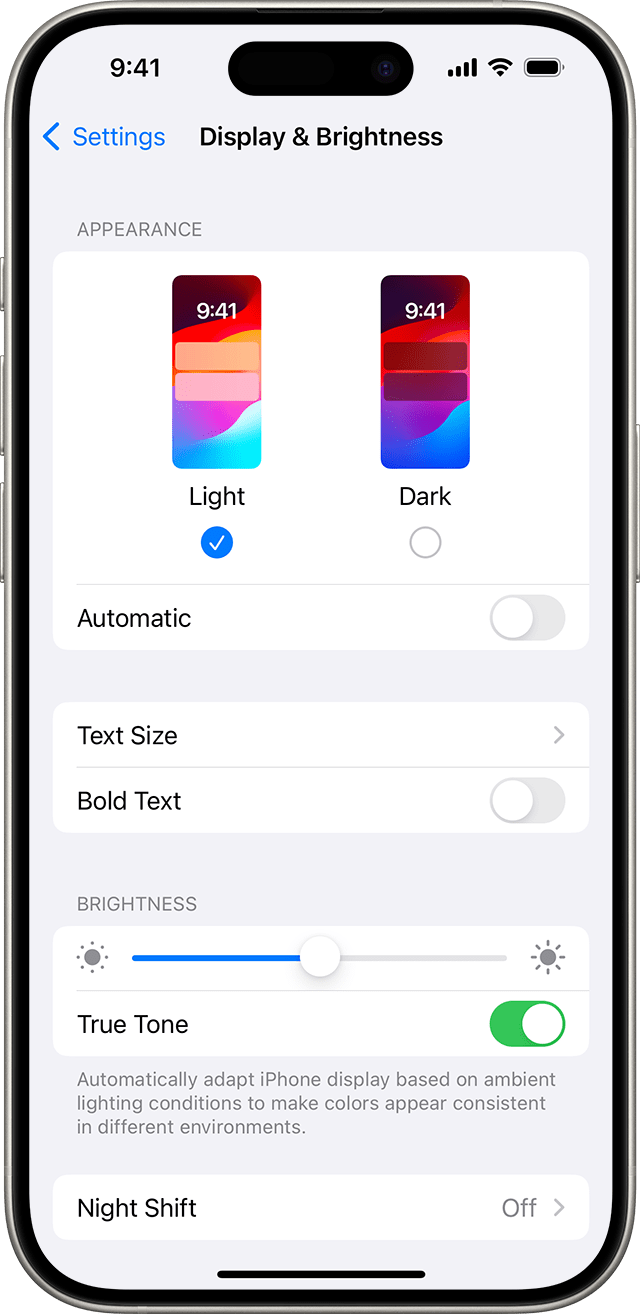 The Display and Brightness screen on an iPhone 15 Pro 