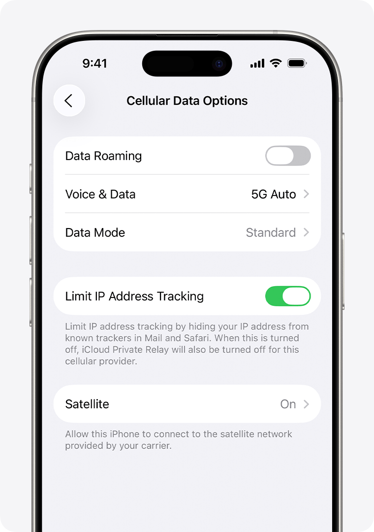 To turn off carrier-provided satellite features on your iPhone, go to Settings > Cellular > Cellular Data Options.