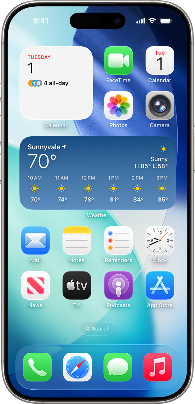 An iPhone showing widgets for weather and calendar events.