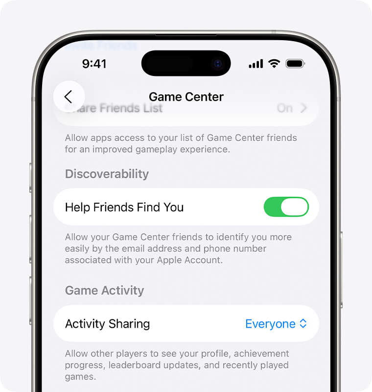 On an iPhone, Game Center is open in Settings. A user is signed in and has options to share their activity.