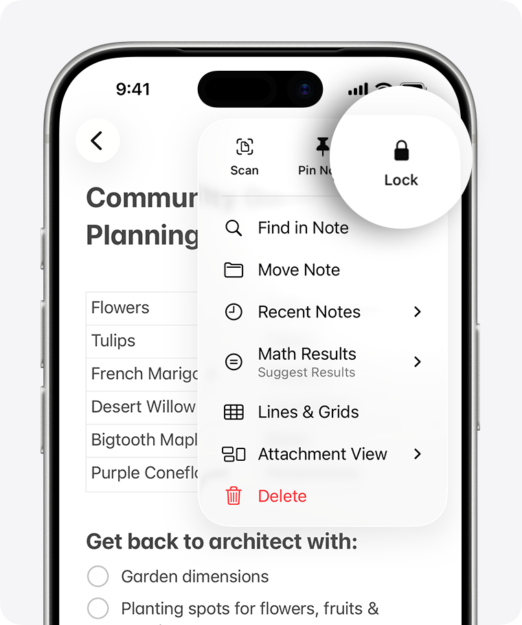 When you open a note, tap the More button then tap Lock to lock a note.