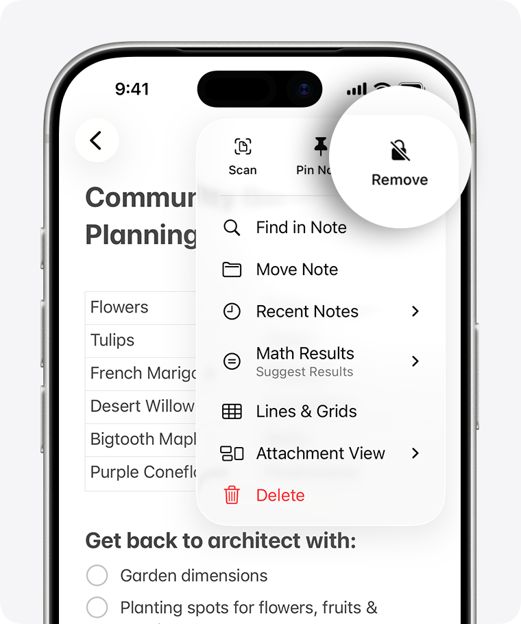To remove a lock, tap the More button in a note then tap Remove.