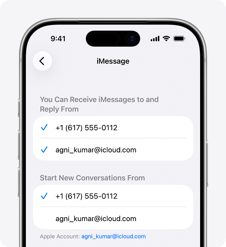 iPhone displaying the iMessage settings screen with options to select which phone number or email address you'd like to use to receive iMessages, reply to iMessages, and start new conversations.