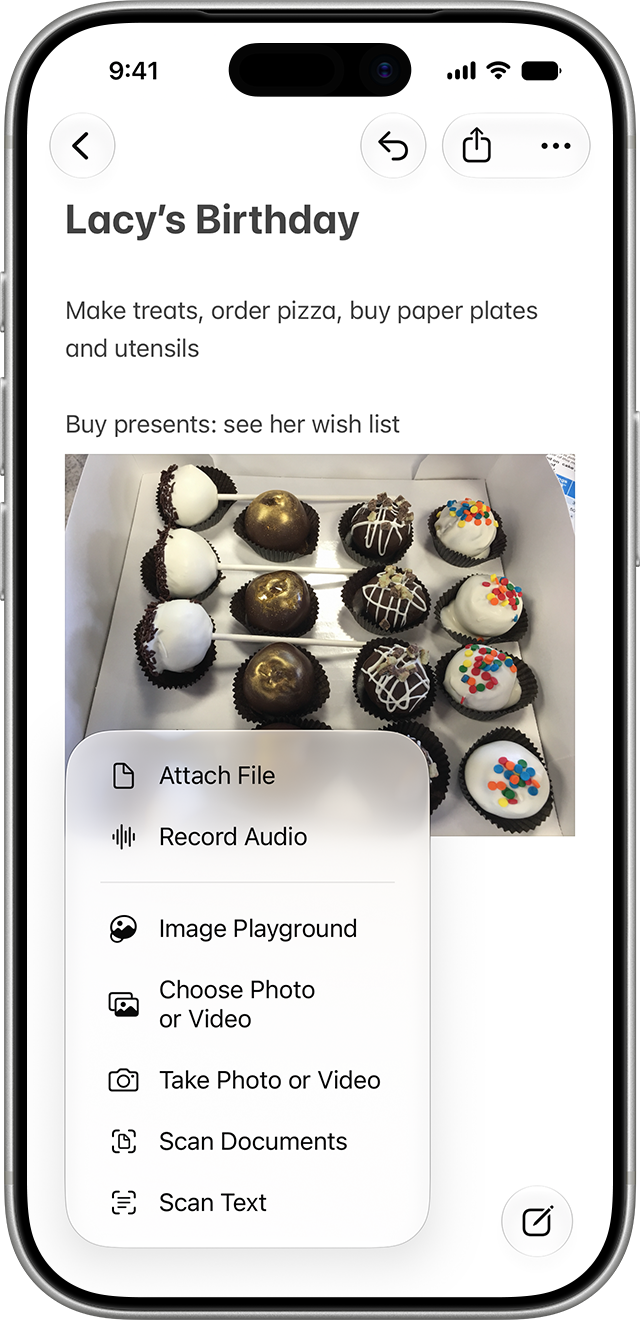 A note for Lacy's Birthday has a cupcake photo already and the attachment menu open.
