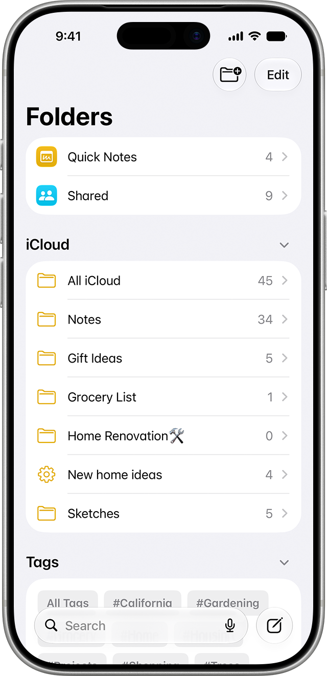 The Folders list in Notes on an iPhone 17 Pro