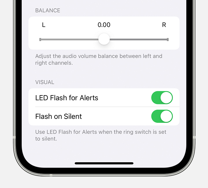 iPhone Accessibility settings showing the Audio/Visual section with “LED Flash for Alerts” and “Flash on Silent” enabled.