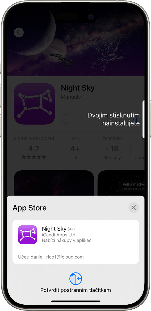 Potvrzení nákupu v App Storu na iPhonu