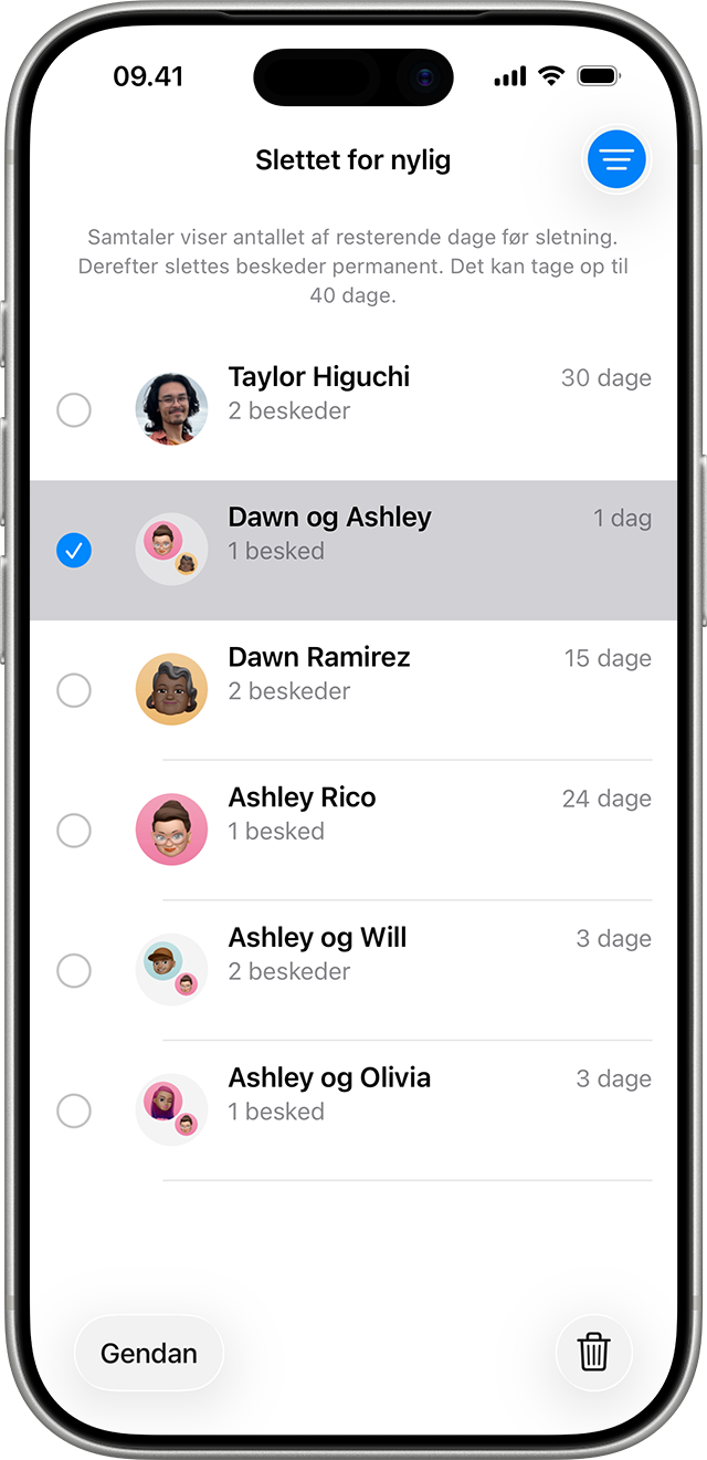 På siden Slettet for nylig i Beskeder skal du trykke på den samtale, der indeholder beskeder, du vil gendanne.