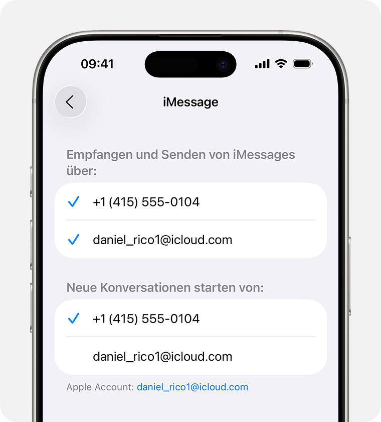 Unter „Einstellungen“ > „Apps“ > „Nachrichten“ > „Senden & Empfangen“ kannst du festlegen, ob Nachrichten standardmäßig über deine Telefonnummer oder deine E-Mail-Adresse gesendet werden sollen.