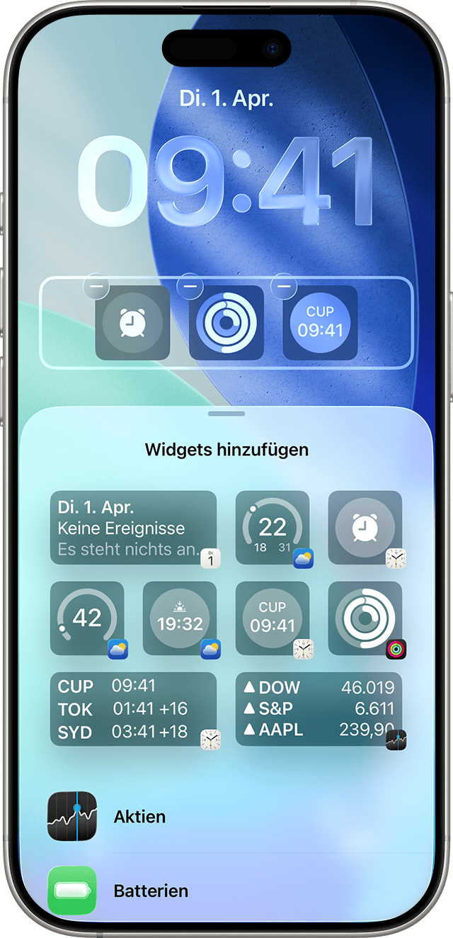 Ein iPhone-Bildschirm, auf dem gezeigt wird, wie Widgets auf dem Sperrbildschirm hinzugefügt werden