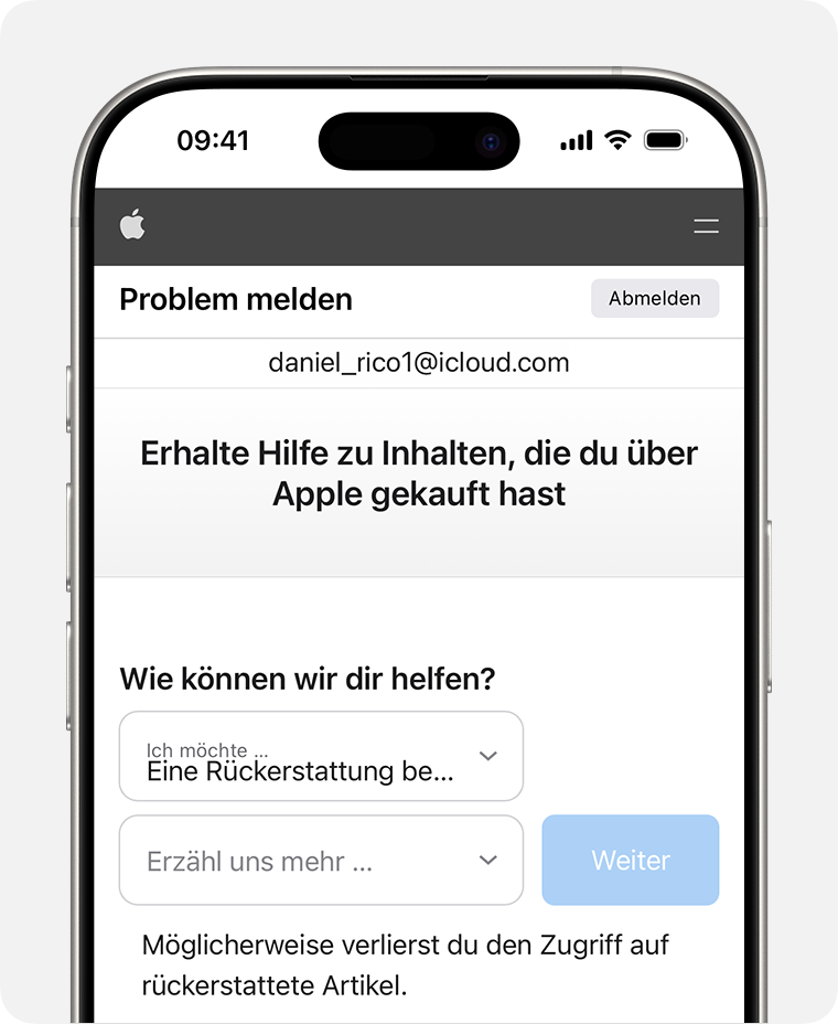 iPhone mit der Website „Problem melden“, auf der du eine Rückerstattung beantragen kannst. Nachdem du „Eine Rückerstattung beantragen“ ausgewählt hast, wähle den Grund für die Rückerstattung aus.