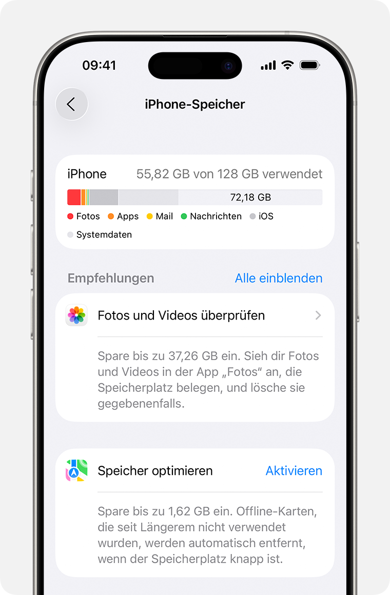 Speicherempfehlungen in der Einstellungen-App auf dem iPhone.