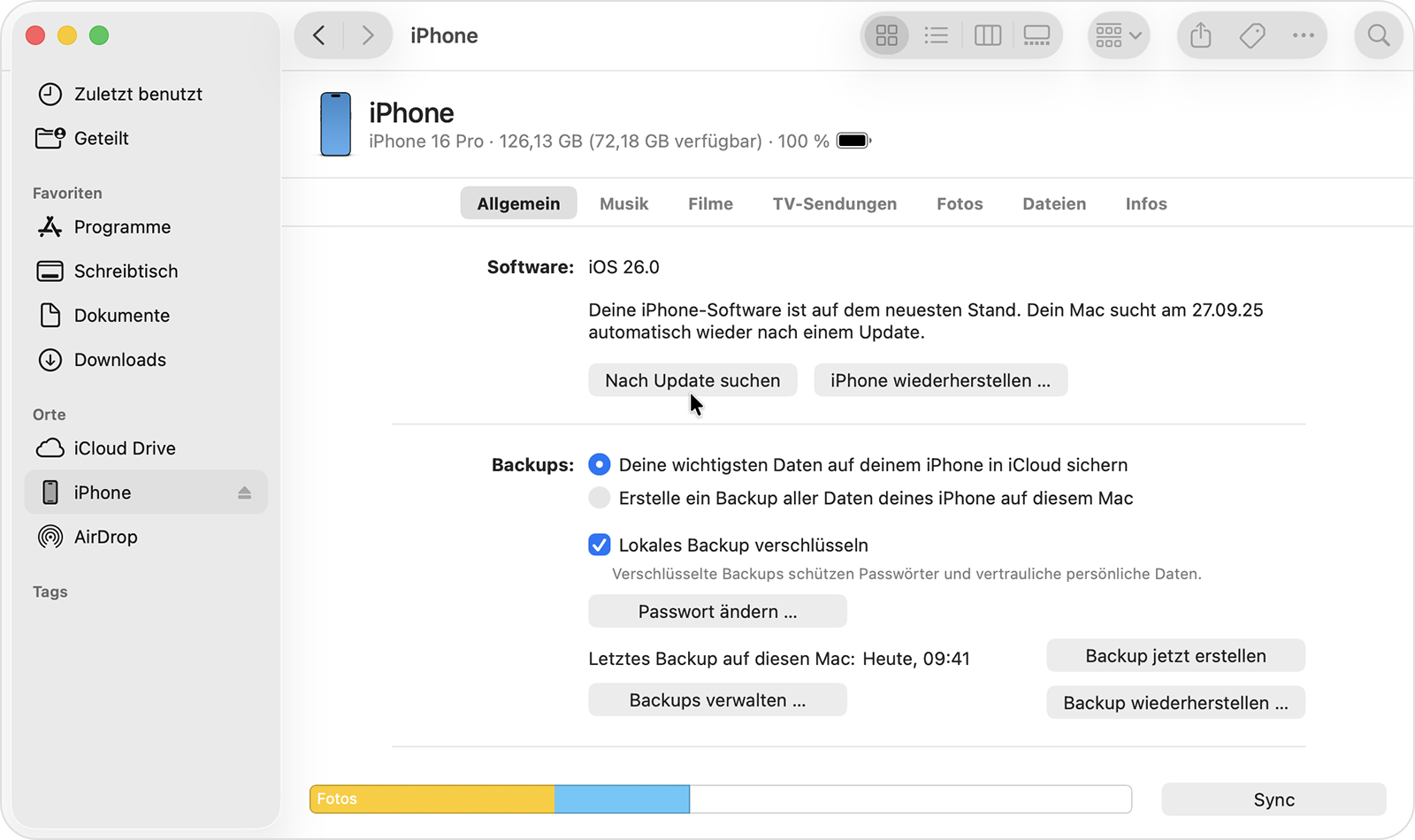 Cursor über der Taste „Nach Update suchen“ im Finder.