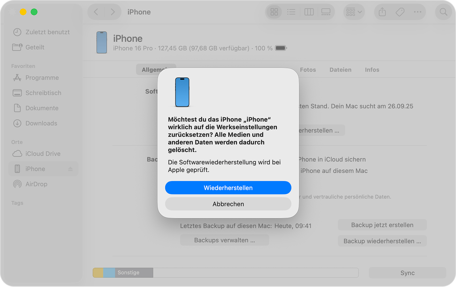 Bestätigungsdialog im Finder, nachdem du auf „iPhone wiederherstellen“ geklickt hast.