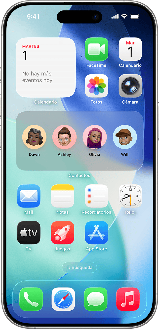 Un iPhone que muestra widgets para eventos del tiempo y de calendario.