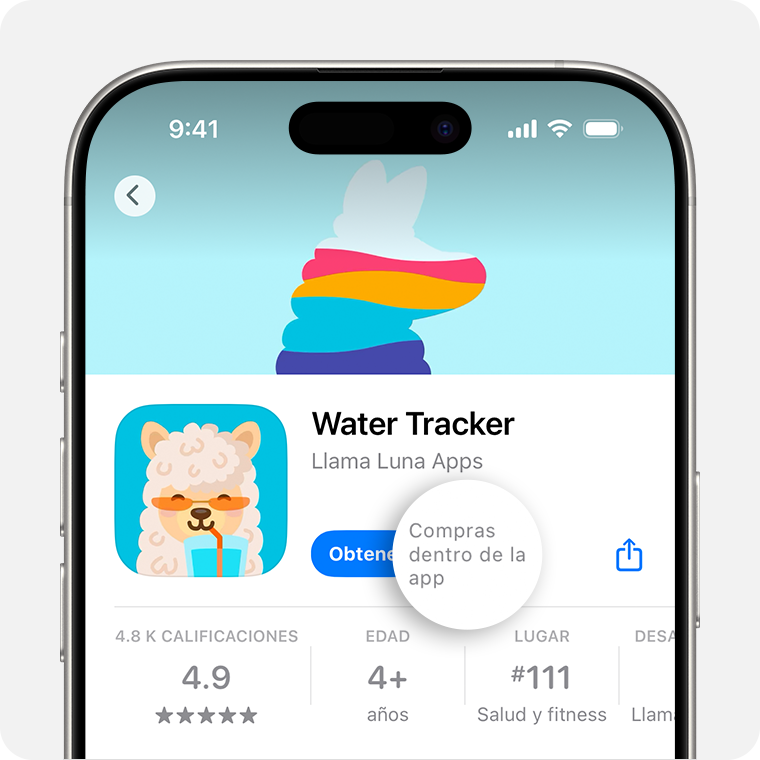 iPhone en el que se muestra una app en App Store que dice Compras dentro de la app junto al botón Obtener.