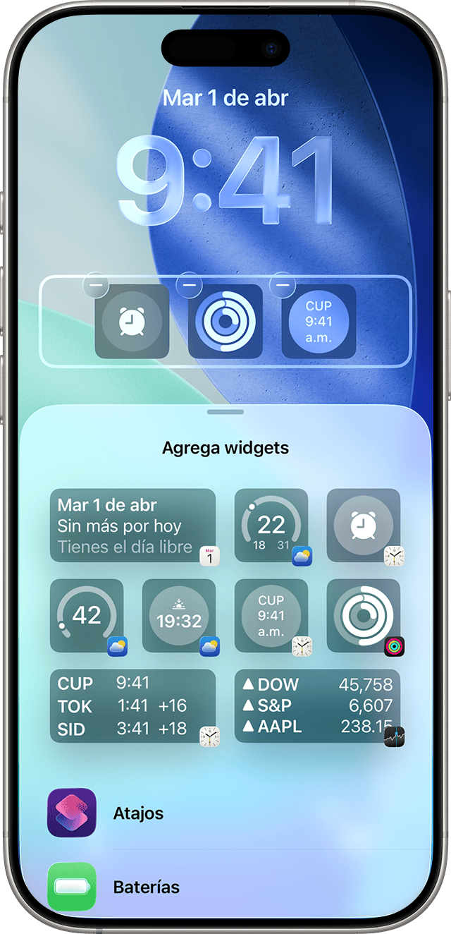 Pantalla de un iPhone en la que se muestra cómo agregar widgets a la pantalla de bloqueo