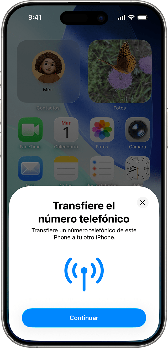 Captura de pantalla en un iPhone de la configuración de la eSIM con la opción de transferir el plan de datos celulares desde otro iPhone.