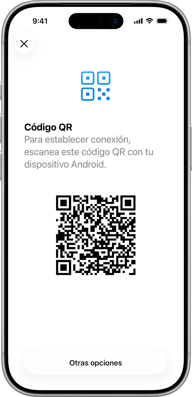 Cuando uses iOS o iPadOS para transferir contenido desde un dispositivo Android, escanea un código QR durante la configuración para conectar ambos dispositivos.