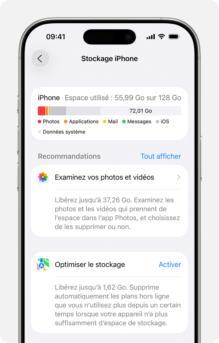 Recommandations de stockage dans l’app Réglages sur iPhone.