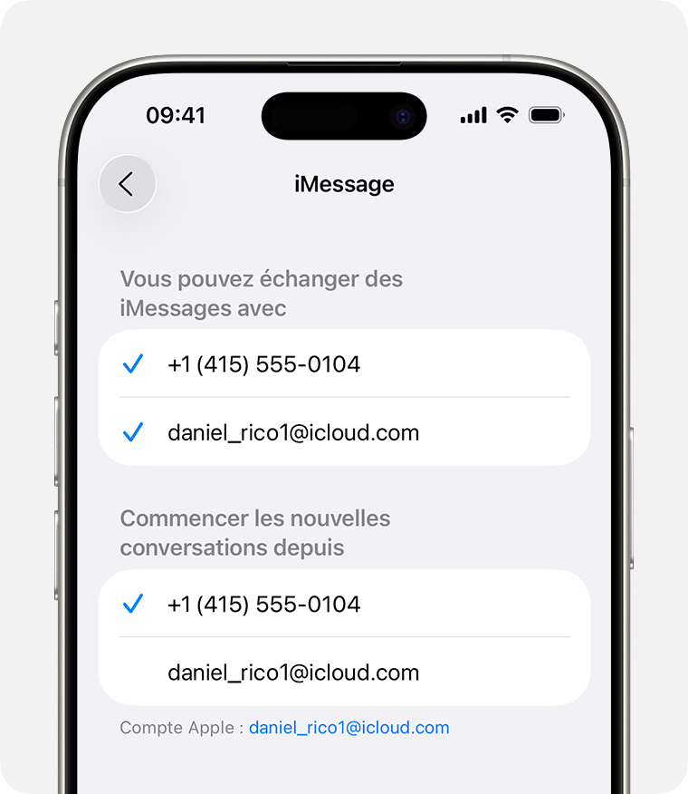 Dans Réglages > Apps > Messages > Envoyer et recevoir, vous pouvez choisir d’envoyer des messages à partir de votre numéro de téléphone ou de votre adresse e-mail par défaut.