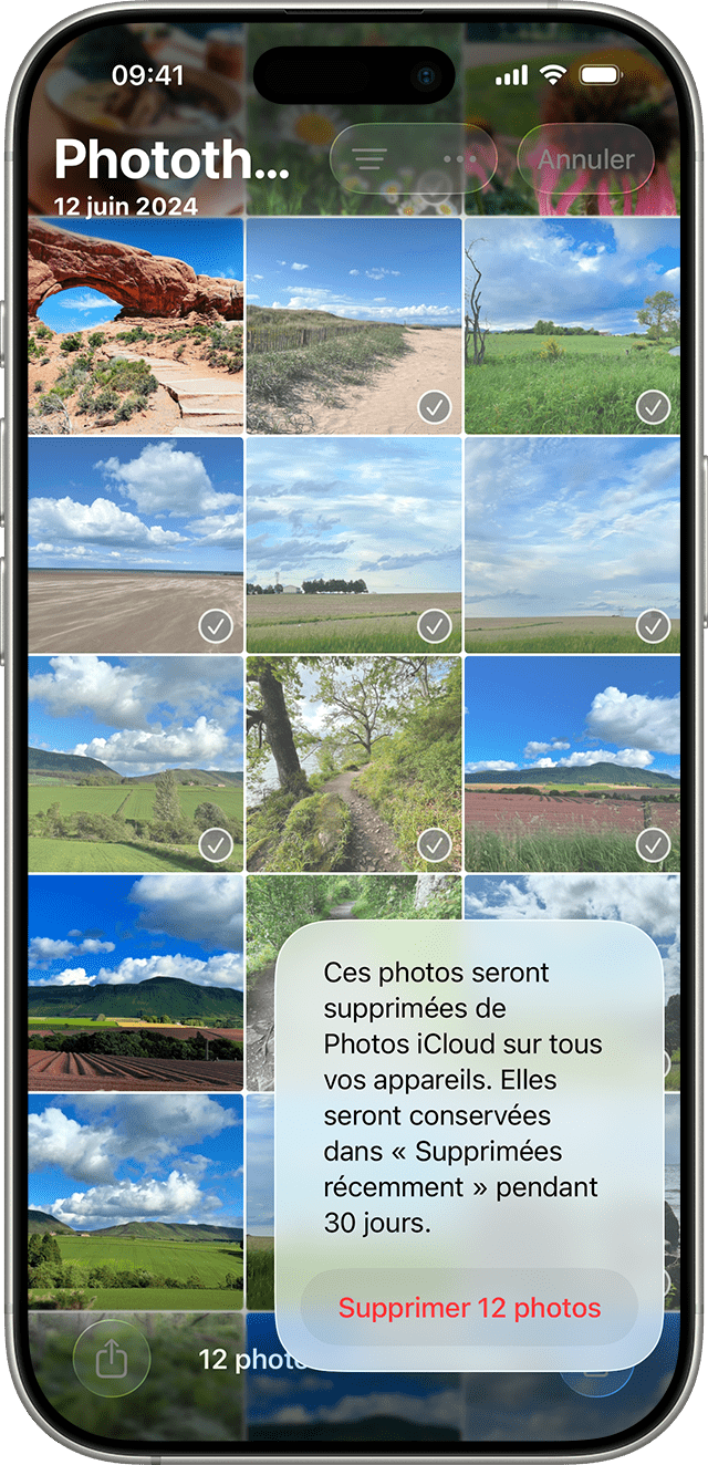 iPhone affichant plusieurs photos sélectionnées dans l’app Photos