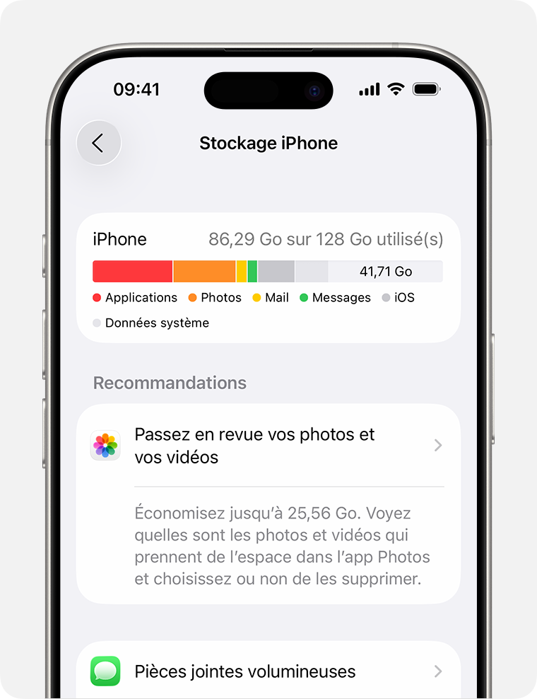 La section Stockage iPhone de l’app Réglages affichant la recommandation « Décharger les apps inutilisées »