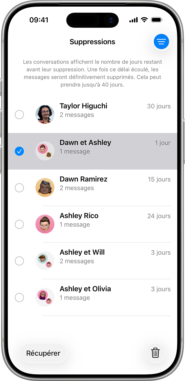 Sur la page Suppressions récentes de Messages, touchez la conversation comportant les messages que vous souhaitez récupérer.