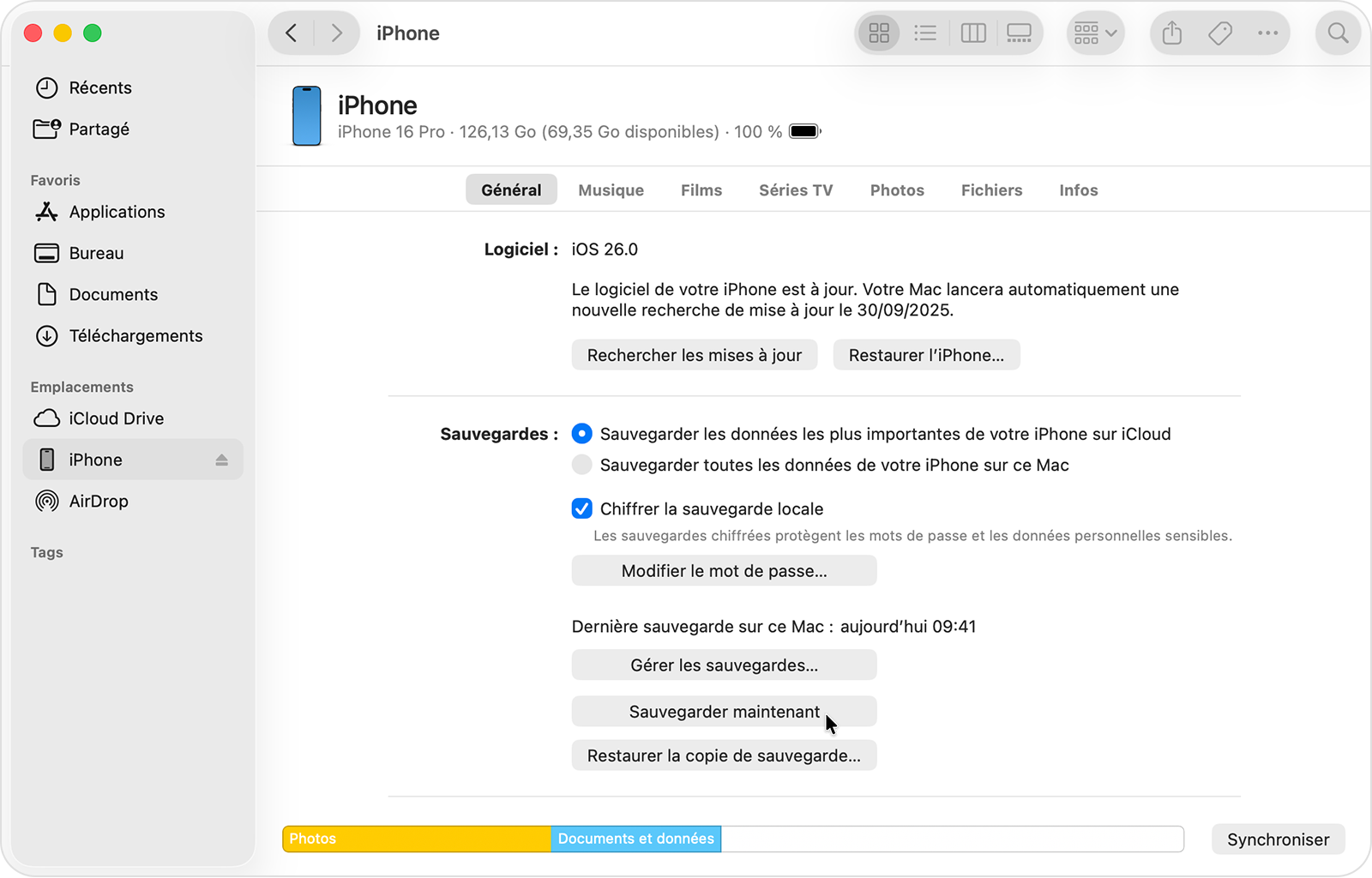 Curseur passant sur le bouton Sauvegarder maintenant dans le Finder.