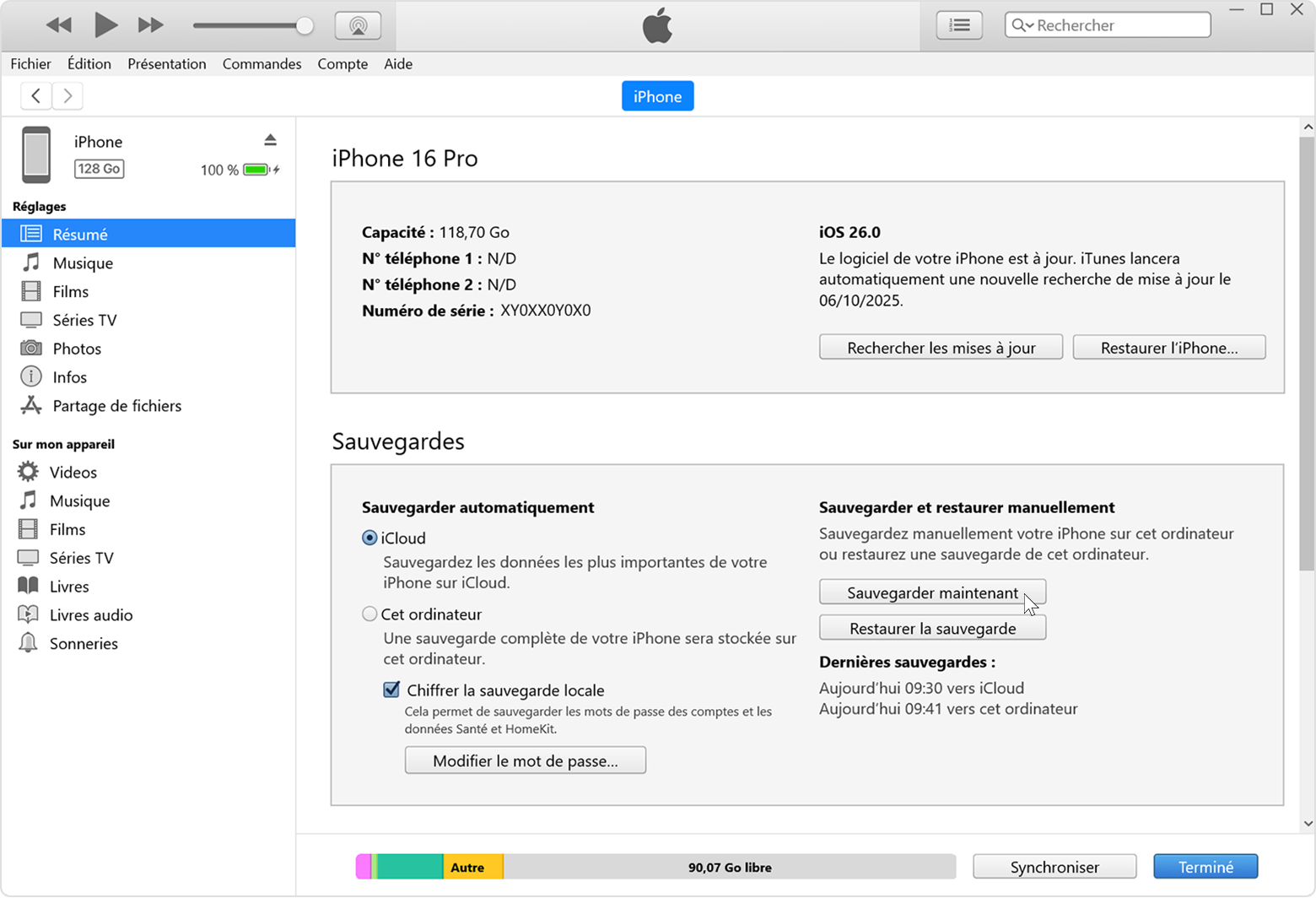 Curseur passant sur le bouton Sauvegarder maintenant dans iTunes pour Windows.